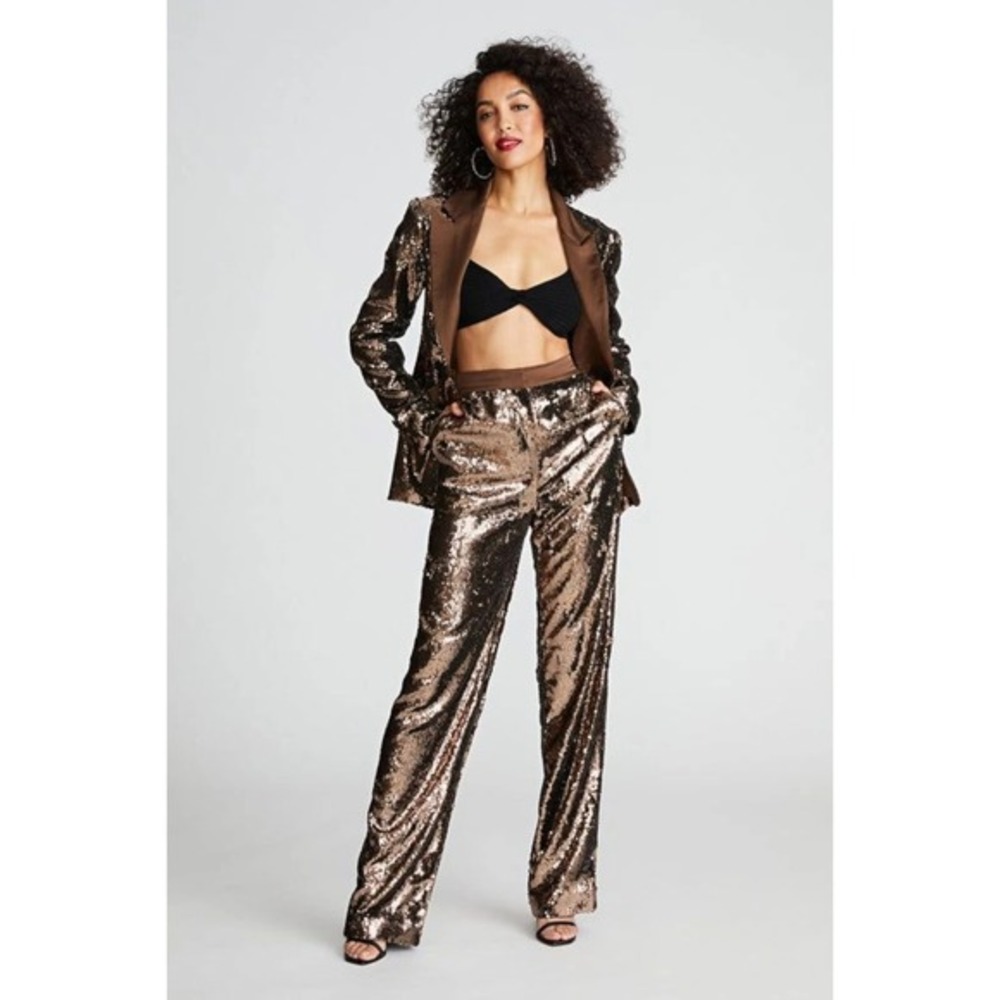 HALSTON Jett Trousers Sequin Java Brown Size 2 New with Tags High Rise Luxury‎